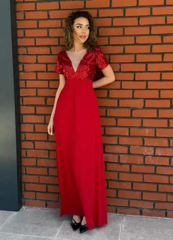 Women's Short Sleeve Deep V Neck A-Line Sequin Detail Chiffon Bridesmaid Dress - 3