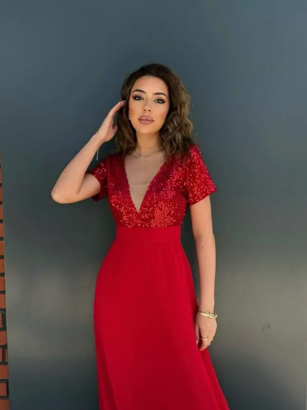 Women's Short Sleeve Deep V Neck A-Line Sequin Detail Chiffon Bridesmaid Dress - 4