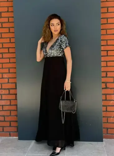 Women's Short Sleeve Deep V-Neck A-Line Sequin Detail Chiffon Bridesmaid Dress - BÜYÜKBEDENIZ (1)