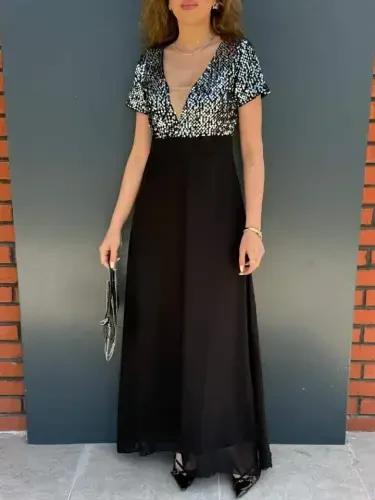 Women's Short Sleeve Deep V-Neck A-Line Sequin Detail Chiffon Bridesmaid Dress - 4