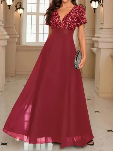 Women's Short Sleeve Deep V-Neck A-Line Sequin Detail Chiffon Bridesmaid Dress - BÜYÜKBEDENIZ (1)