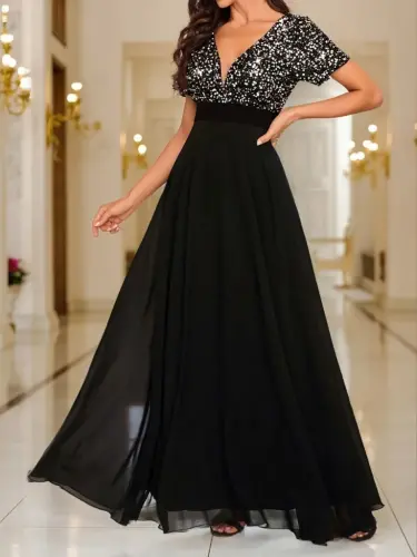 Women's Short Sleeve Deep V-Neck A-Line Sequin Detail Chiffon Bridesmaid Dress - 1