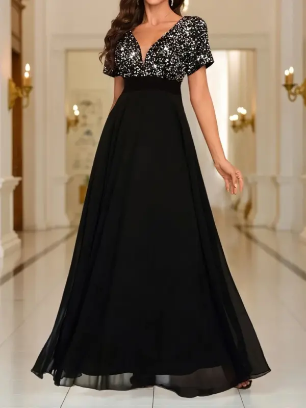 Women's Short Sleeve Deep V-Neck A-Line Sequin Detail Chiffon Bridesmaid Dress - 4