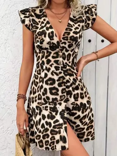Women's Short Sleeve Deep V-Neck Button-Front Leopard Print Short Jersey Dress - 3