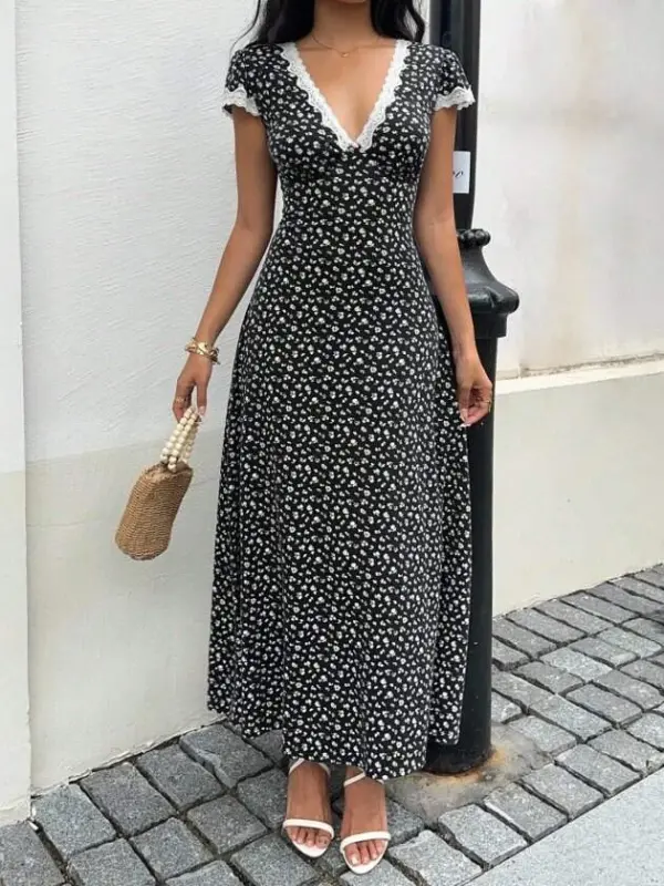 Women's Short Sleeve Deep V-Neck Lace Detailed Floral Pattern Long Supima Dress - 4