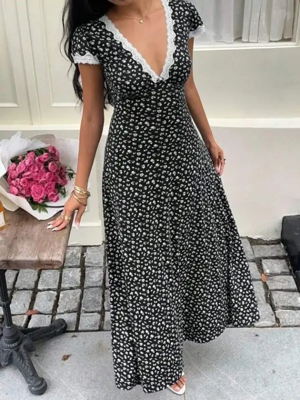 Women's Short Sleeve Deep V-Neck Lace Detailed Floral Pattern Long Supima Dress - 7