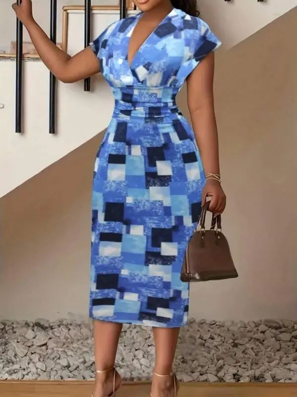 Women's Short Sleeve Deep V Neck Scuba Midi Dress - 1