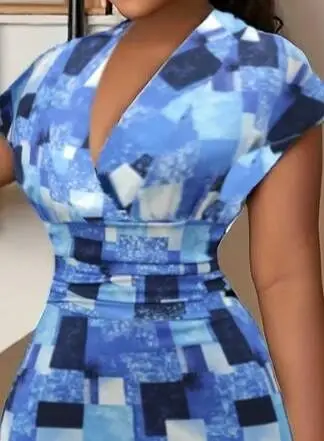 Women's Short Sleeve Deep V Neck Scuba Midi Dress - 2