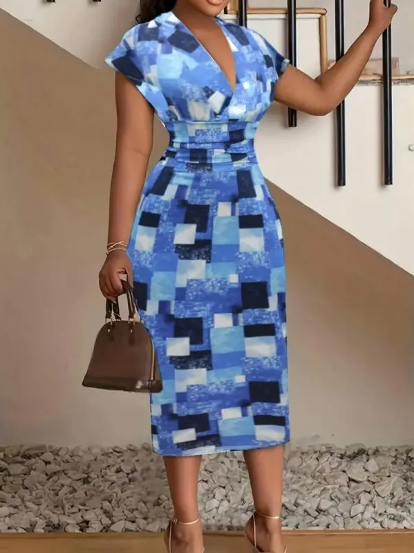 Women's Short Sleeve Deep V Neck Scuba Midi Dress - 3