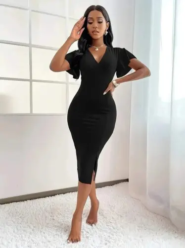 Women's Short Sleeve Deep V-Neck Slit Midi Crinkle Crepe Dress - 1