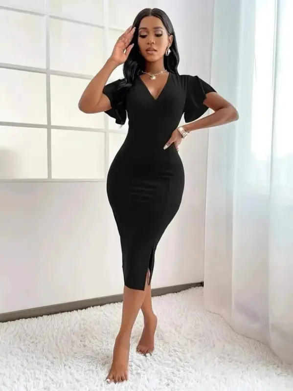 Women's Short Sleeve Deep V-Neck Slit Midi Crinkle Crepe Dress - BÜYÜKBEDENIZ