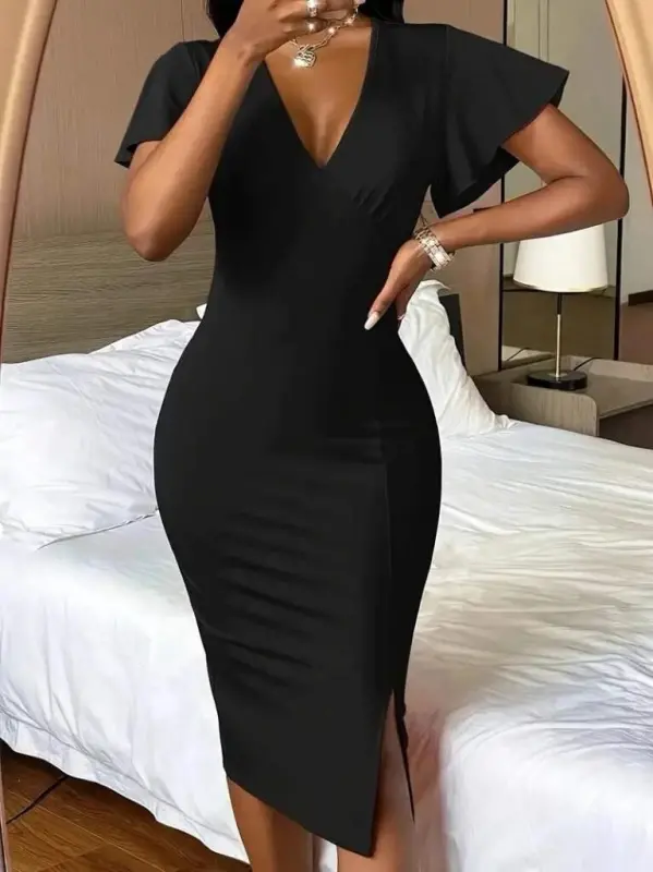 Women's Short Sleeve Deep V-Neck Slit Midi Crinkle Crepe Dress - 2