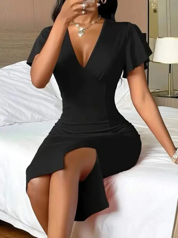 Women's Short Sleeve Deep V-Neck Slit Midi Crinkle Crepe Dress - 5