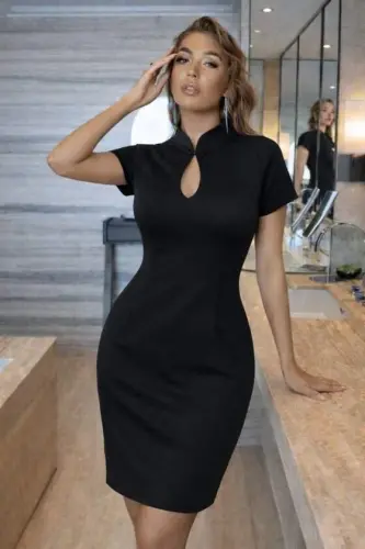 Women's Short Sleeve Drop Collar Detail Lace-Up Collar Detail Short Imported Crepe Dress - 1