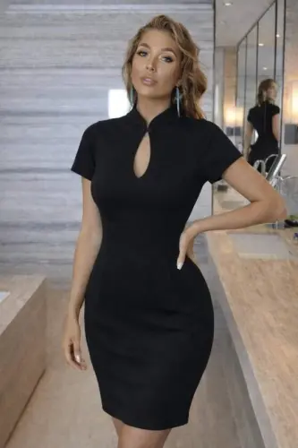 Women's Short Sleeve Drop Collar Detail Lace-Up Collar Detail Short Imported Crepe Dress - 3