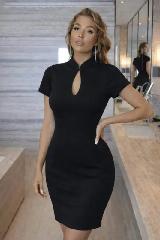 Women's Short Sleeve Drop Collar Detail Lace-Up Collar Detail Short Imported Crepe Dress - 3