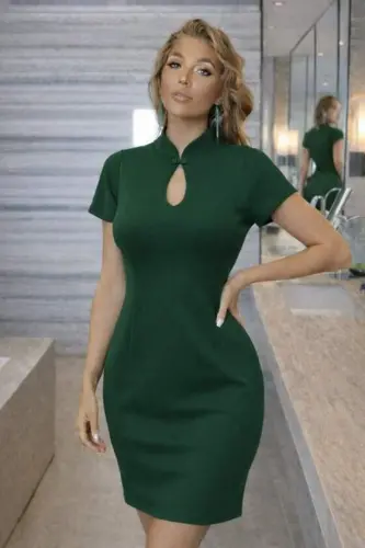 Women's Short Sleeve Drop Collar Detail Lace-Up Neck Detail Short Imported Crepe Dress - 1