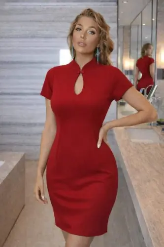 Women's Short Sleeve Drop Neck Detailed Lace-up Neck Detailed Short Imported Crepe Dress - 3