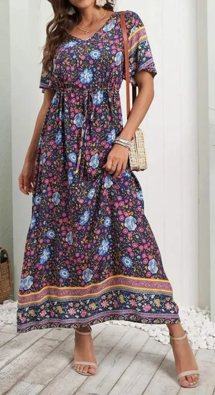 Women's Short Sleeve Elastic Waist Floral Pattern Full Length Dress - BÜYÜKBEDENIZ