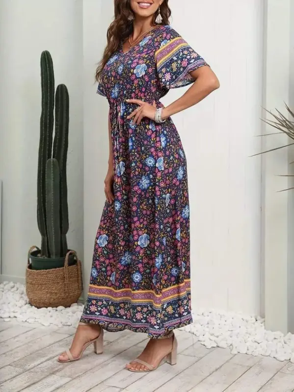 Women's Short Sleeve Elastic Waist Floral Pattern Full Length Dress - 2