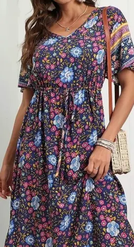 Women's Short Sleeve Elastic Waist Floral Pattern Full Length Dress - 3
