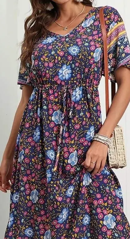 Women's Short Sleeve Elastic Waist Floral Pattern Full Length Dress - 3