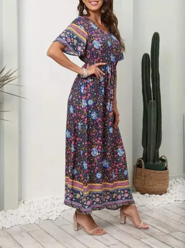 Women's Short Sleeve Elastic Waist Floral Pattern Full Length Dress - 4