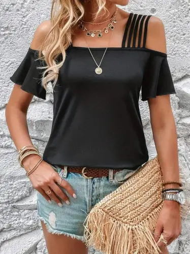 Women's Short Sleeve Five Strap Viscose Blouse - 4