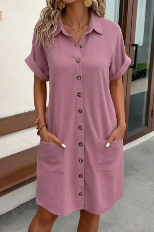 Women's Short Sleeve Front Button Detailed Mini Crinkle Dress - 1