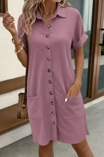 Women's Short Sleeve Front Button Detailed Mini Crinkle Dress - BÜYÜKBEDENIZ (1)