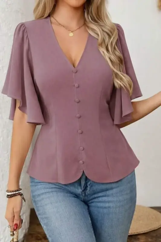 Women's Short Sleeve Front Button-Down Imported Crepe Blouse - BÜYÜKBEDENIZ