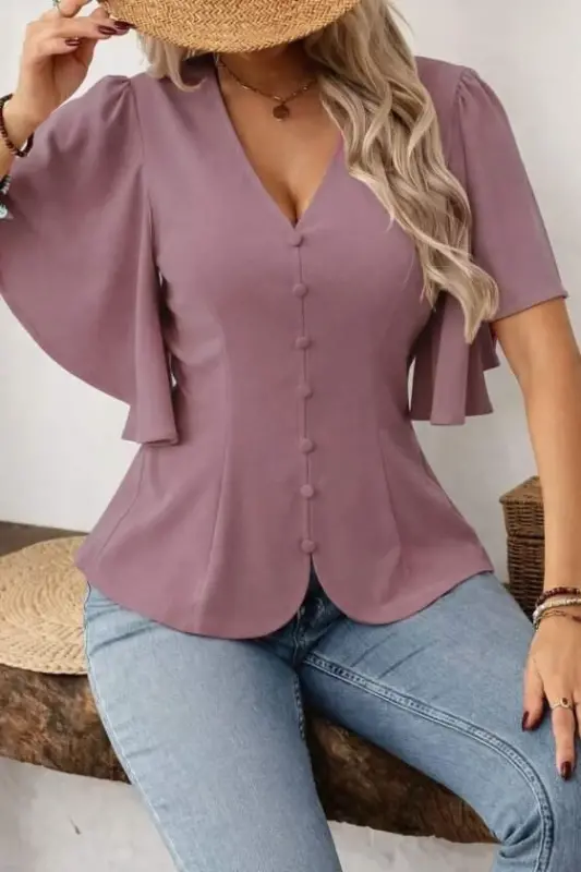 Women's Short Sleeve Front Button-Down Imported Crepe Blouse - 2