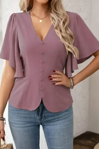 Women's Short Sleeve Front Button-Down Imported Crepe Blouse - 3