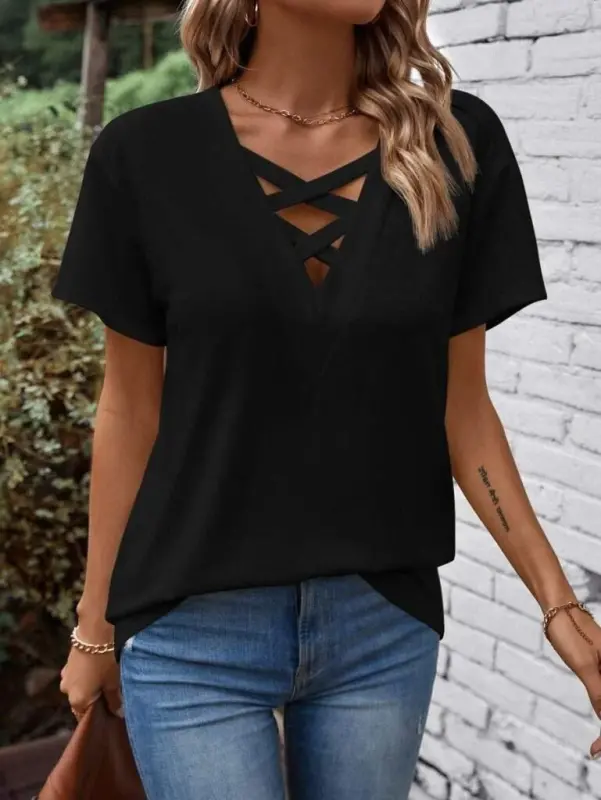Women's Short Sleeve Front Cross Detail V Neck Viscose Blouse - 2