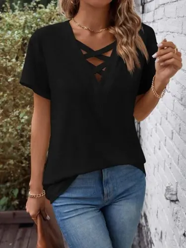 Women's Short Sleeve Front Cross Detail V Neck Viscose Blouse - 4