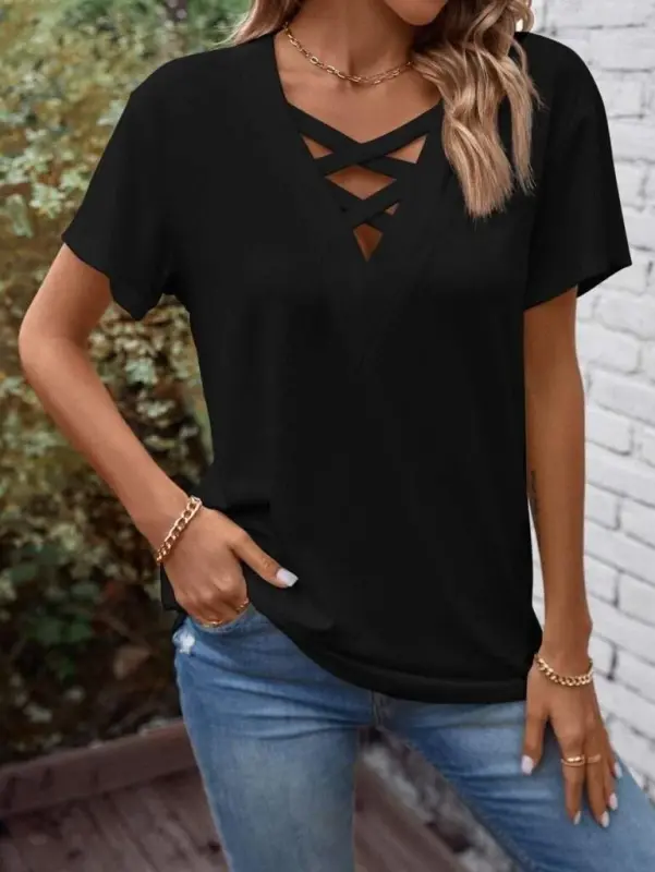 Women's Short Sleeve Front Cross Detail V Neck Viscose Blouse - 6