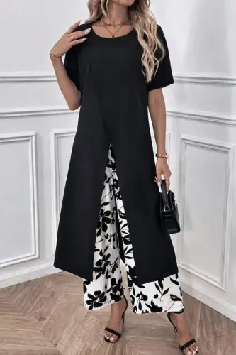 Women's Short Sleeve Front Cross Detailed Viscose Long Blouse and Patterned Two-Thread Pants Two-Piece Set - 1