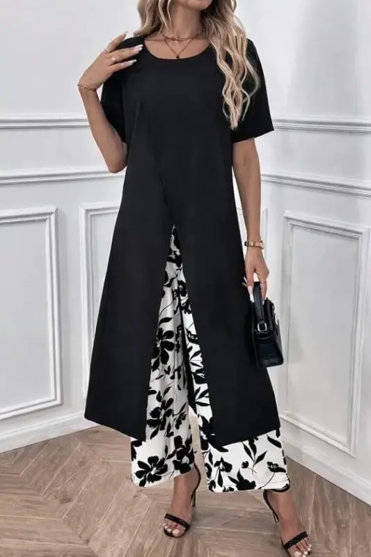 Women's Short Sleeve Front Cross Detailed Viscose Long Blouse and Patterned Two-Thread Pants Two-Piece Set - 1