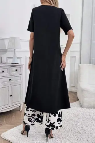 Women's Short Sleeve Front Cross Detailed Viscose Long Blouse and Patterned Two-Thread Pants Two-Piece Set - BÜYÜKBEDENIZ (1)