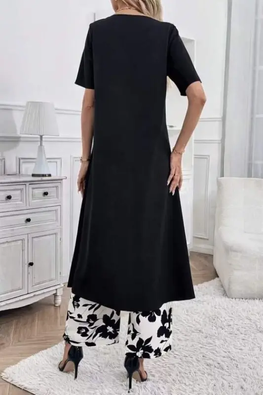 Women's Short Sleeve Front Cross Detailed Viscose Long Blouse and Patterned Two-Thread Pants Two-Piece Set - 2