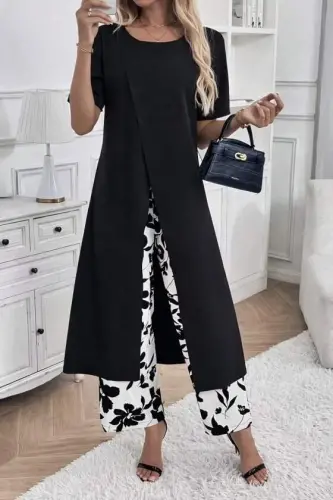 Women's Short Sleeve Front Cross Detailed Viscose Long Blouse and Patterned Two-Thread Pants Two-Piece Set - 3