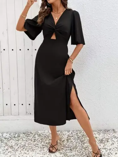 Women's Short Sleeve Front Wrap Detailed Side Slit Midi Sandy Dress - 1