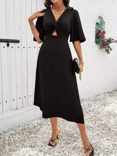 Women's Short Sleeve Front Wrap Detailed Side Slit Midi Sandy Dress - BÜYÜKBEDENIZ (1)