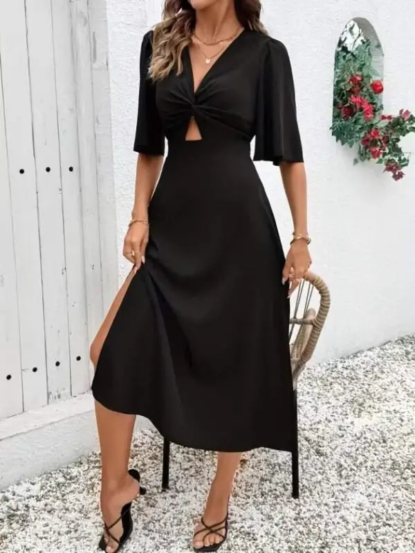 Women's Short Sleeve Front Wrap Detailed Side Slit Midi Sandy Dress - 5