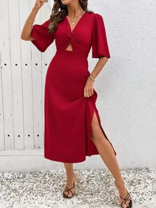 Women's Short Sleeve Front Wrap Detailed Side Slit Midi Sandy Dress - 1