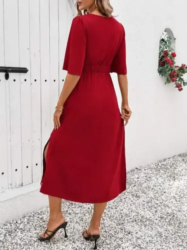 Women's Short Sleeve Front Wrap Detailed Side Slit Midi Sandy Dress - 3