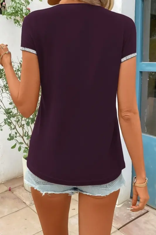 Women's Short Sleeve Front Zipper Viscose Blouse with Shimmering Cuffs - 3