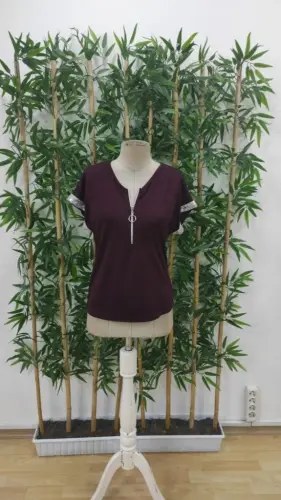 Women's Short Sleeve Front Zipper Viscose Blouse with Shimmering Cuffs - 5