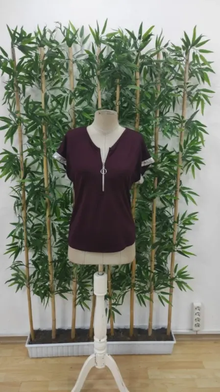 Women's Short Sleeve Front Zipper Viscose Blouse with Shimmering Cuffs - 5