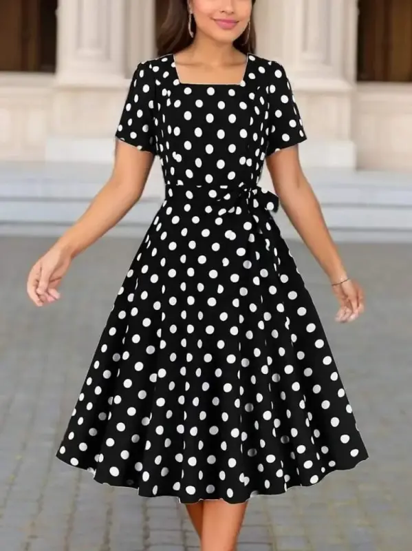 Women's Short Sleeve Geometric Collar Polka Dot Flared Midi Supreme Dress - BÜYÜKBEDENIZ